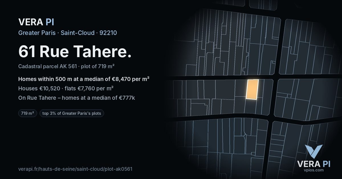 61 Rue Tahere, Saint-Cloud at night – the plot lit, the parcels around coloured by the prices near them
