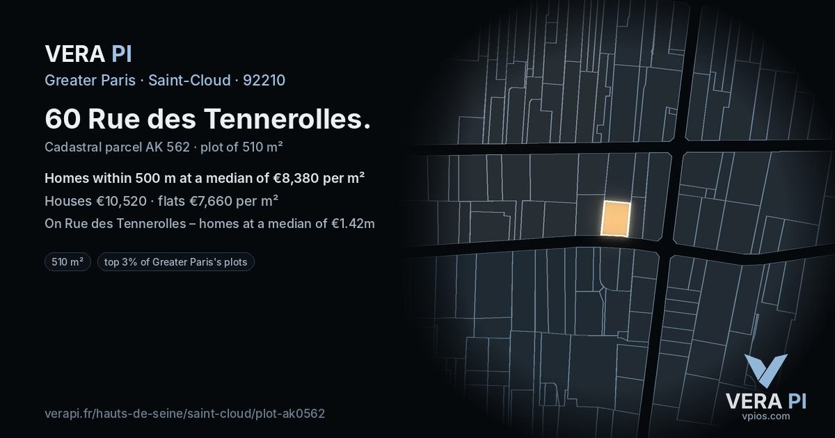 60 Rue des Tennerolles, Saint-Cloud at night – the plot lit, the parcels around coloured by the prices near them