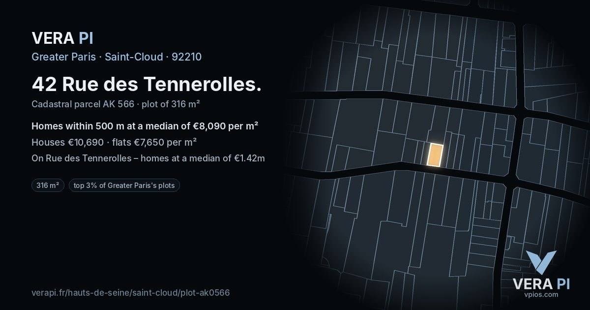 42 Rue des Tennerolles, Saint-Cloud at night – the plot lit, the parcels around coloured by the prices near them