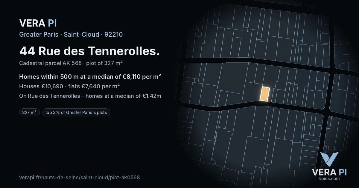 44 Rue des Tennerolles, Saint-Cloud at night – the plot lit, the parcels around coloured by the prices near them