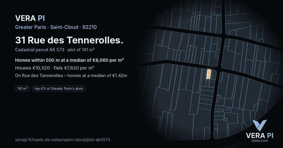 31 Rue des Tennerolles, Saint-Cloud at night – the plot lit, the parcels around coloured by the prices near them