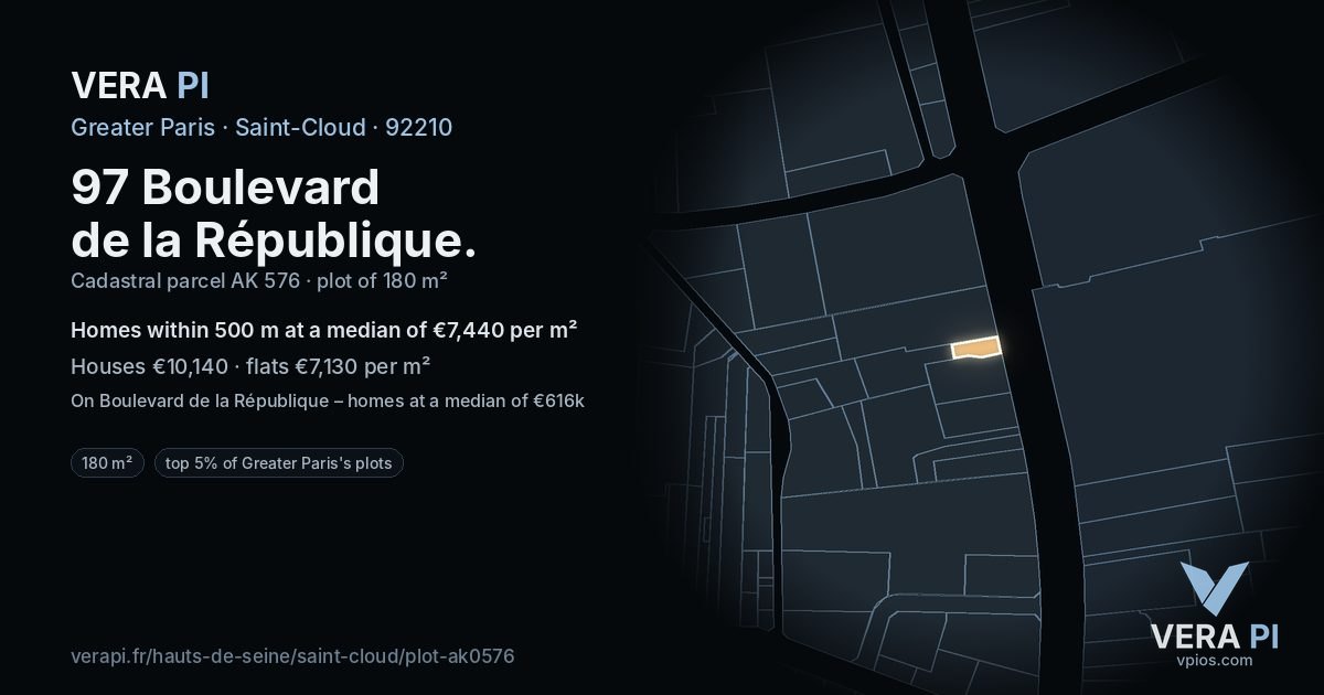 97 Boulevard de la République, Saint-Cloud at night – the plot lit, the parcels around coloured by the prices near them