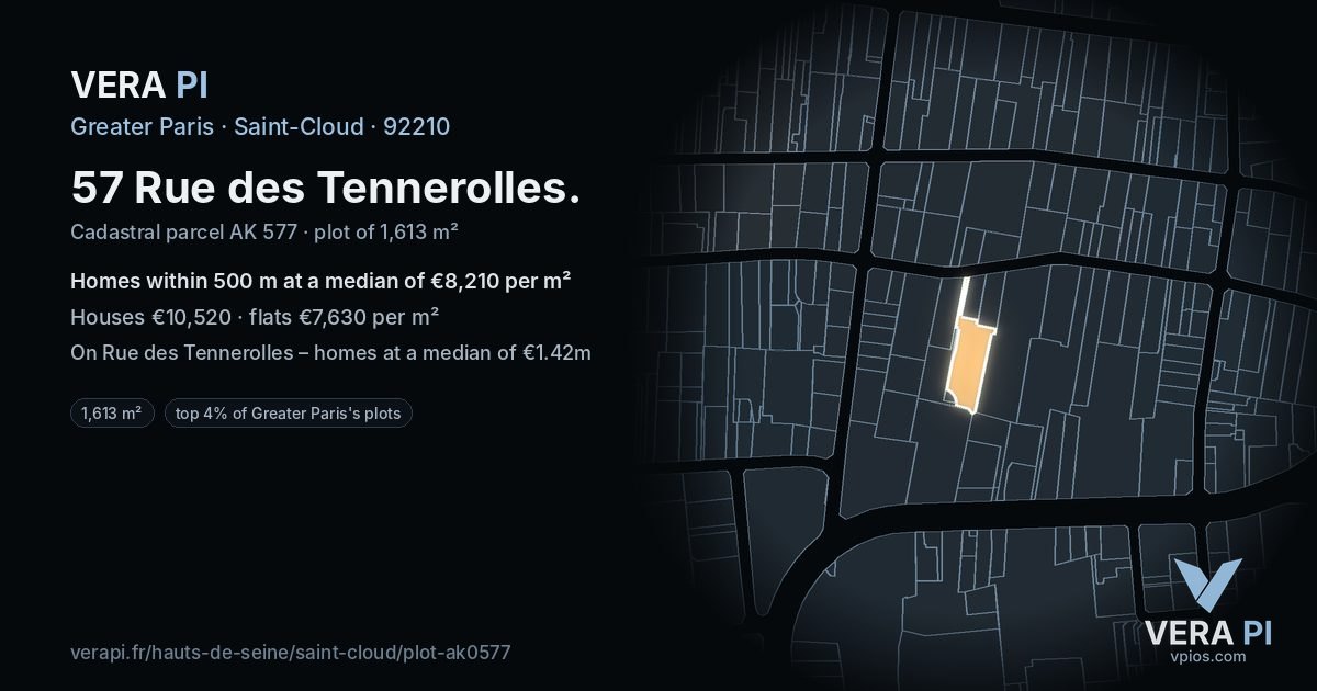 57 Rue des Tennerolles, Saint-Cloud at night – the plot lit, the parcels around coloured by the prices near them