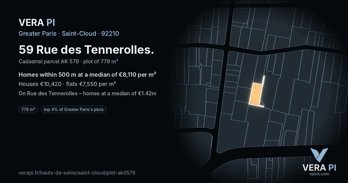 59 Rue des Tennerolles, Saint-Cloud at night – the plot lit, the parcels around coloured by the prices near them
