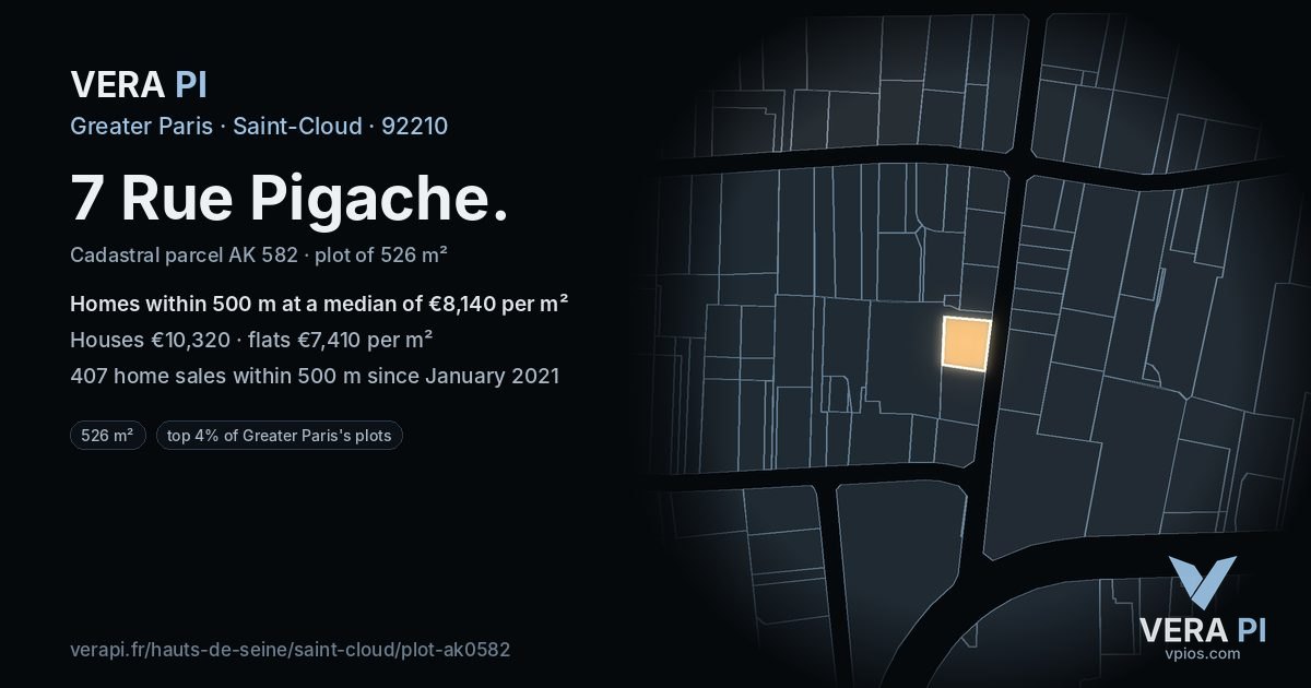 7 Rue Pigache, Saint-Cloud at night – the plot lit, the parcels around coloured by the prices near them