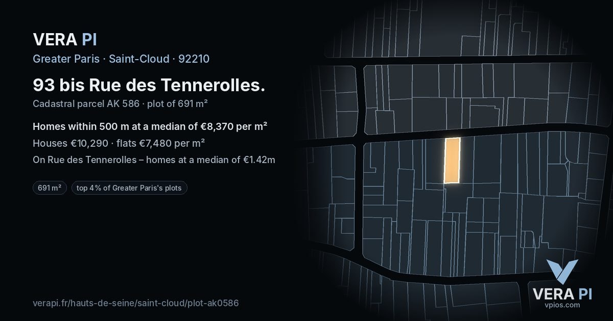 93 bis Rue des Tennerolles, Saint-Cloud at night – the plot lit, the parcels around coloured by the prices near them