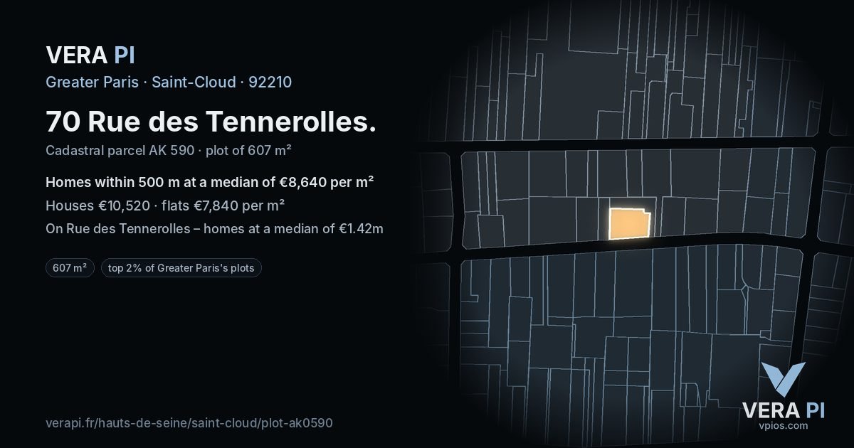 70 Rue des Tennerolles, Saint-Cloud at night – the plot lit, the parcels around coloured by the prices near them