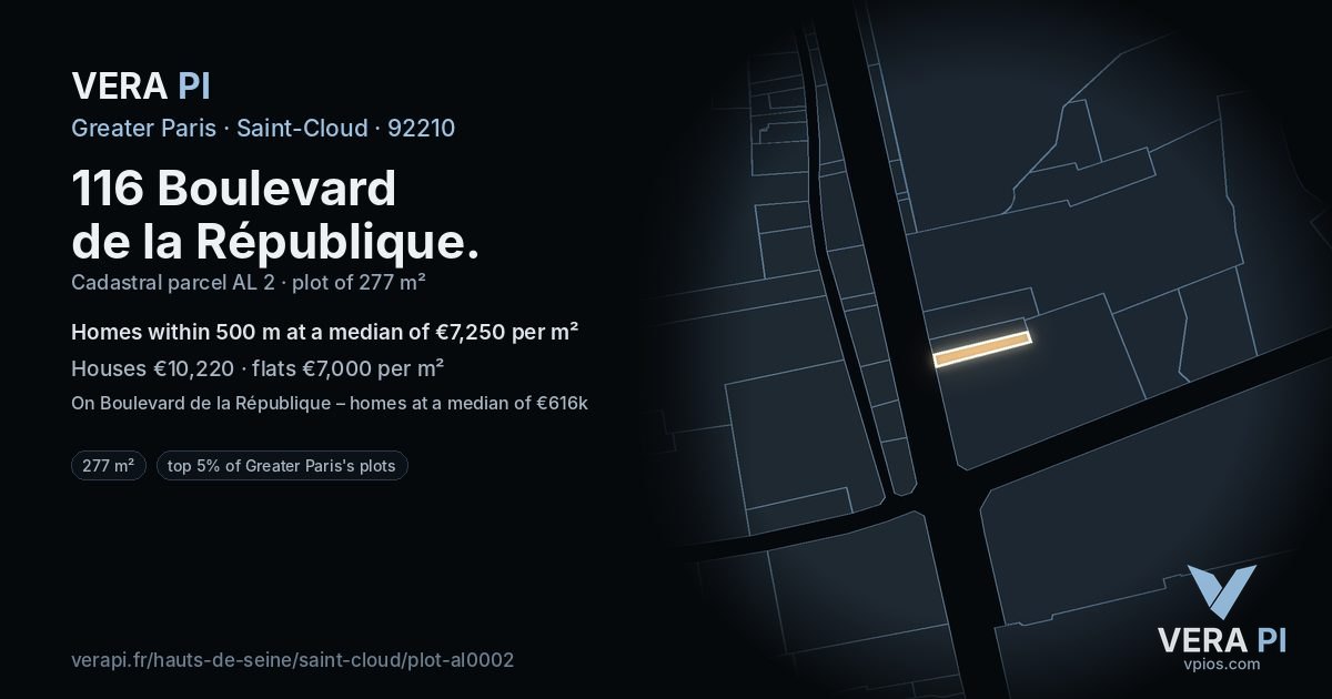 116 Boulevard de la République, Saint-Cloud at night – the plot lit, the parcels around coloured by the prices near them
