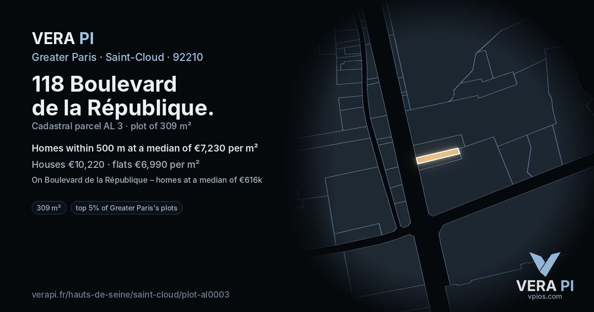 118 Boulevard de la République, Saint-Cloud at night – the plot lit, the parcels around coloured by the prices near them