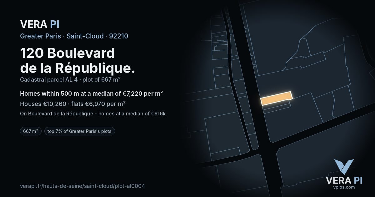 120 Boulevard de la République, Saint-Cloud at night – the plot lit, the parcels around coloured by the prices near them