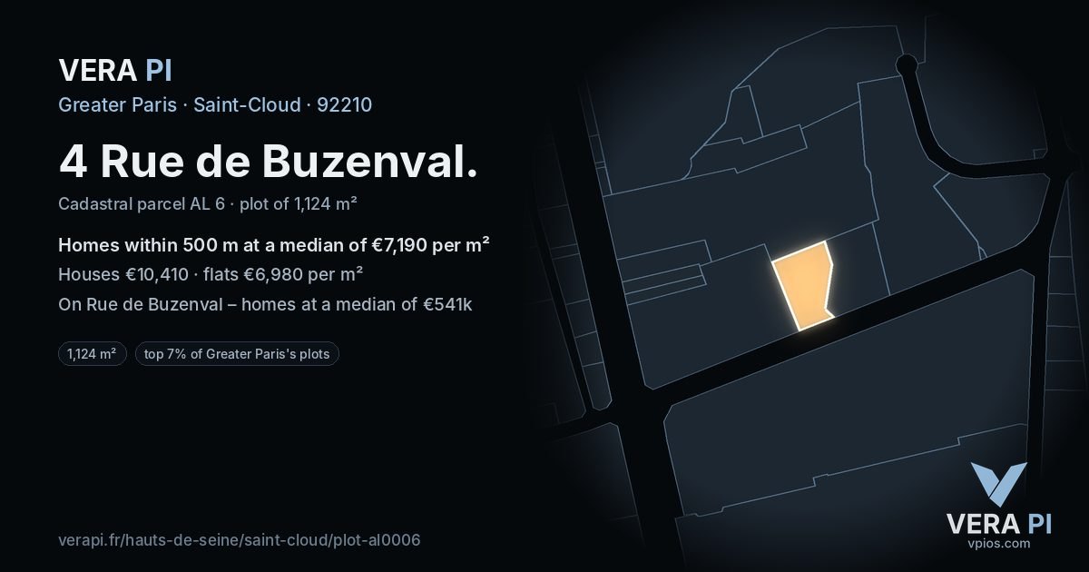 4 Rue de Buzenval, Saint-Cloud at night – the plot lit, the parcels around coloured by the prices near them