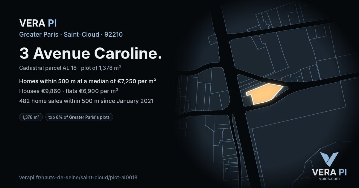 3 Avenue Caroline, Saint-Cloud at night – the plot lit, the parcels around coloured by the prices near them