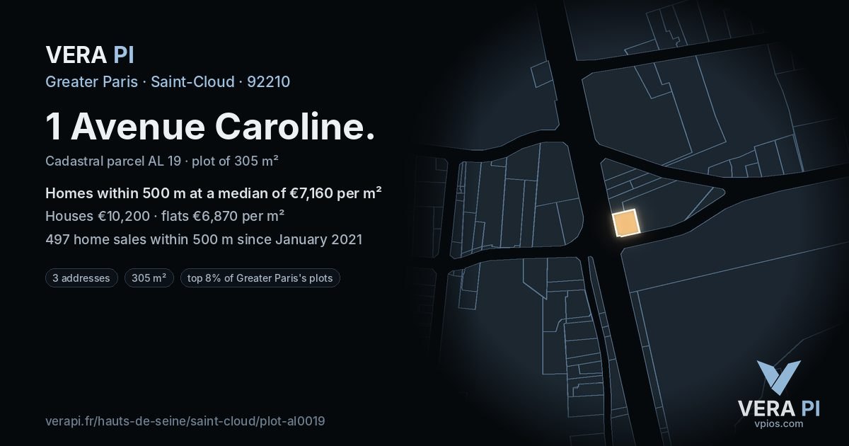 1 Avenue Caroline, Saint-Cloud at night – the plot lit, the parcels around coloured by the prices near them