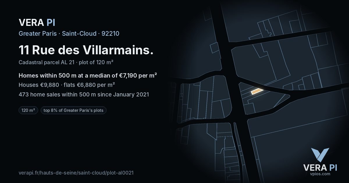 11 Rue des Villarmains, Saint-Cloud at night – the plot lit, the parcels around coloured by the prices near them