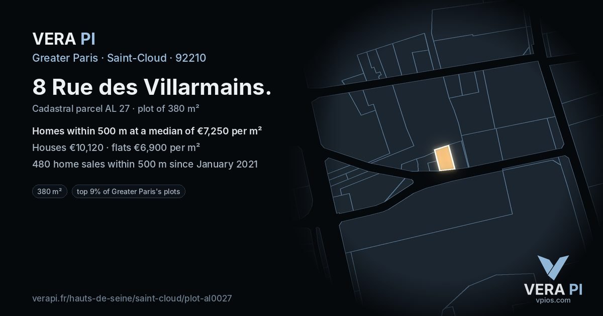 8 Rue des Villarmains, Saint-Cloud at night – the plot lit, the parcels around coloured by the prices near them