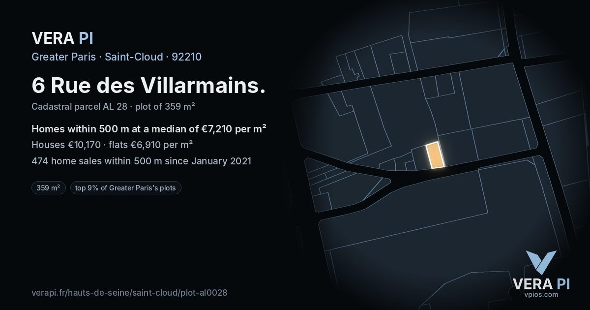 6 Rue des Villarmains, Saint-Cloud at night – the plot lit, the parcels around coloured by the prices near them