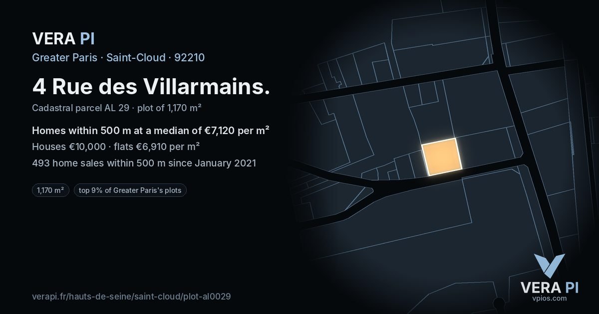 4 Rue des Villarmains, Saint-Cloud at night – the plot lit, the parcels around coloured by the prices near them