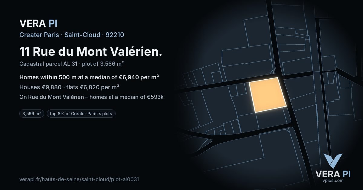 11 Rue du Mont Valérien, Saint-Cloud at night – the plot lit, the parcels around coloured by the prices near them