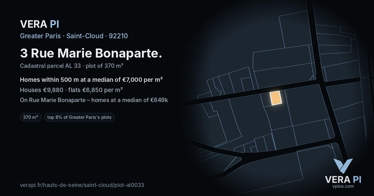 3 Rue Marie Bonaparte, Saint-Cloud at night – the plot lit, the parcels around coloured by the prices near them