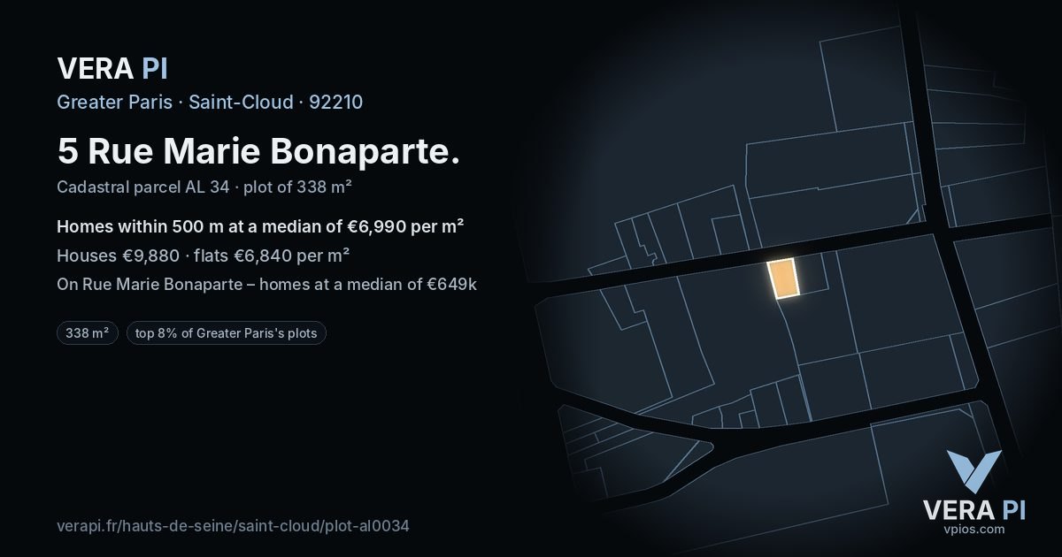 5 Rue Marie Bonaparte, Saint-Cloud at night – the plot lit, the parcels around coloured by the prices near them