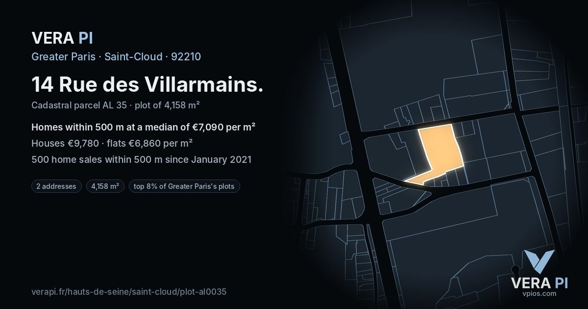 14 Rue des Villarmains, Saint-Cloud at night – the plot lit, the parcels around coloured by the prices near them