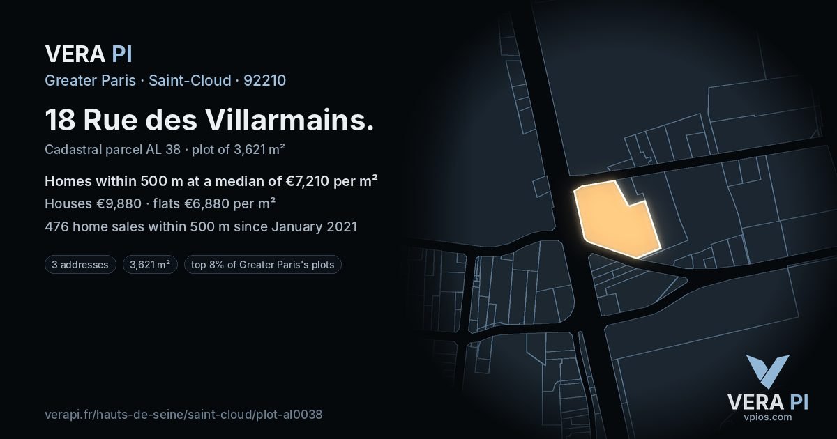 18 Rue des Villarmains, Saint-Cloud at night – the plot lit, the parcels around coloured by the prices near them