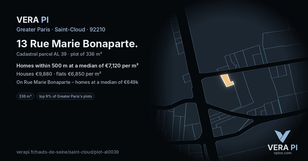 13 Rue Marie Bonaparte, Saint-Cloud at night – the plot lit, the parcels around coloured by the prices near them