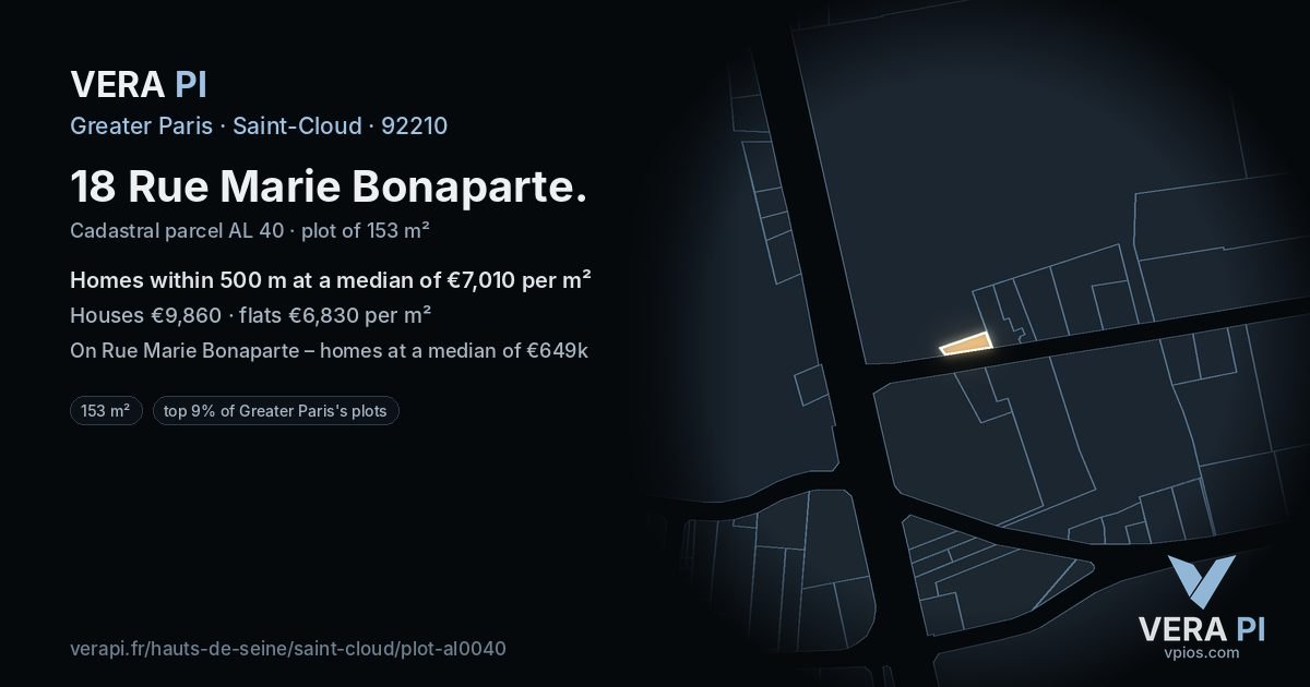 18 Rue Marie Bonaparte, Saint-Cloud at night – the plot lit, the parcels around coloured by the prices near them