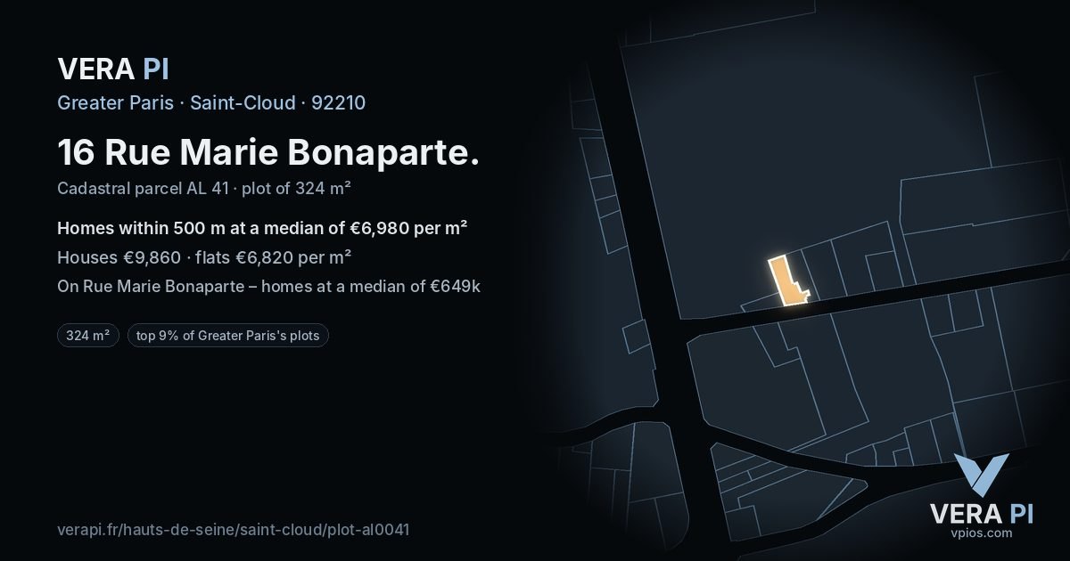 16 Rue Marie Bonaparte, Saint-Cloud at night – the plot lit, the parcels around coloured by the prices near them