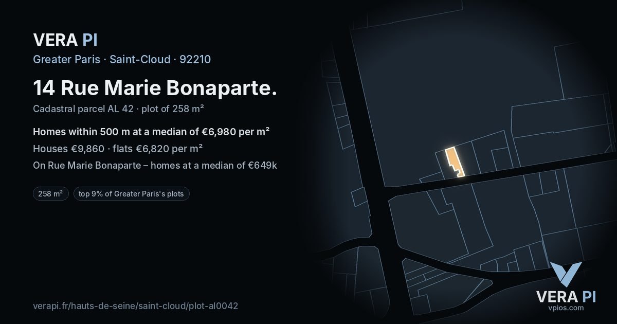 14 Rue Marie Bonaparte, Saint-Cloud at night – the plot lit, the parcels around coloured by the prices near them