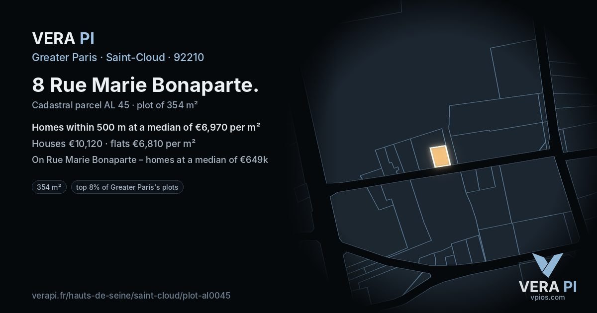 8 Rue Marie Bonaparte, Saint-Cloud at night – the plot lit, the parcels around coloured by the prices near them