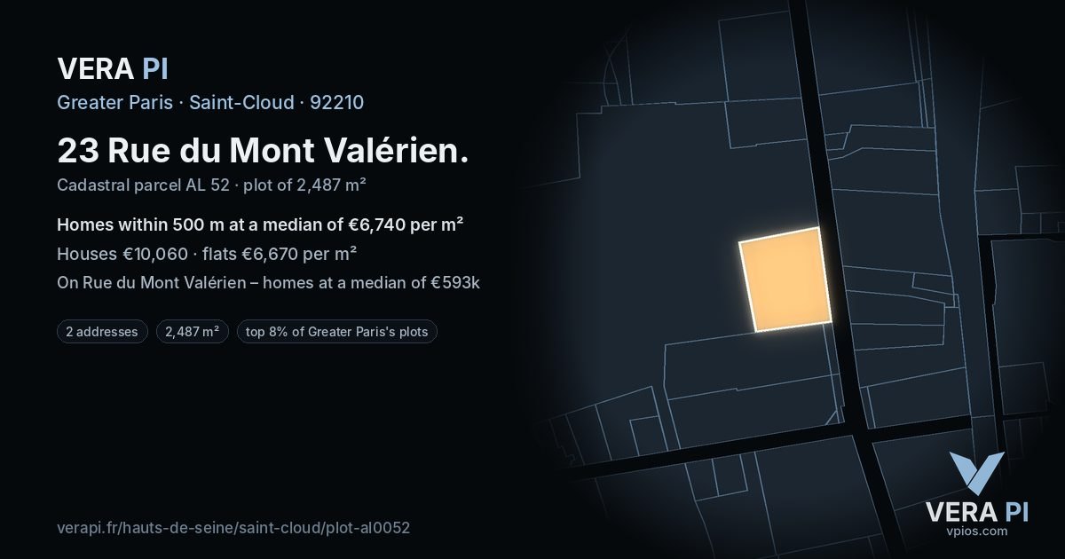 23 Rue du Mont Valérien, Saint-Cloud at night – the plot lit, the parcels around coloured by the prices near them