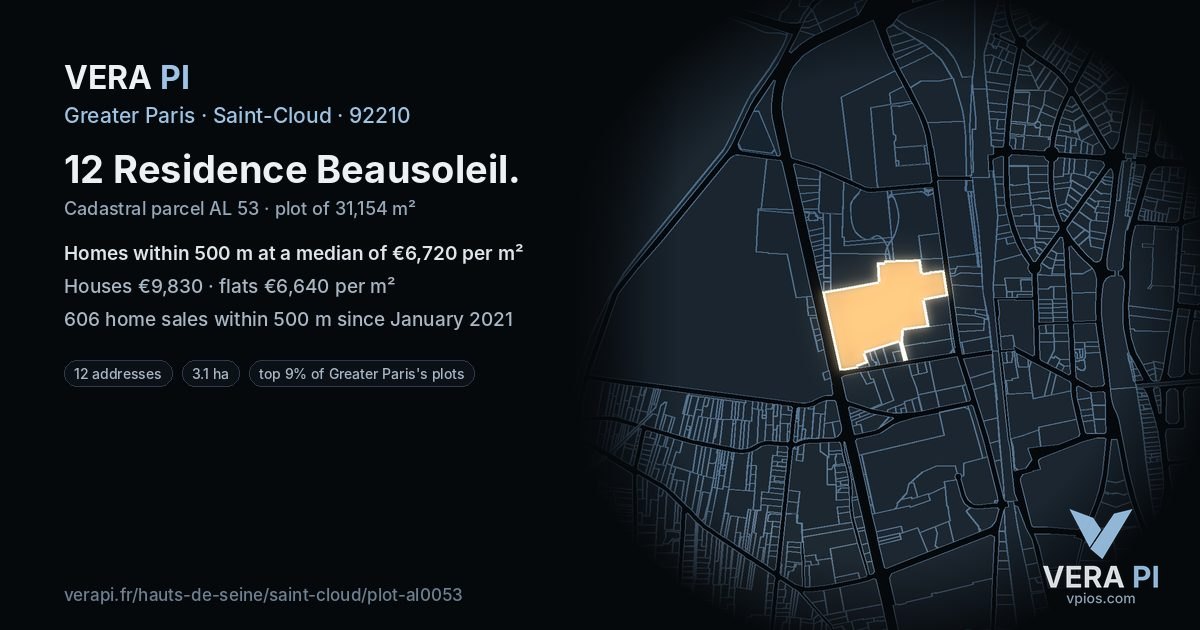 12 Residence Beausoleil, Saint-Cloud at night – the plot lit, the parcels around coloured by the prices near them