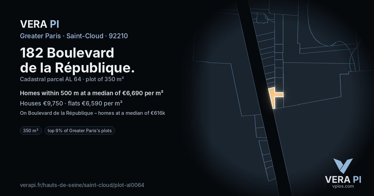 182 Boulevard de la République, Saint-Cloud at night – the plot lit, the parcels around coloured by the prices near them