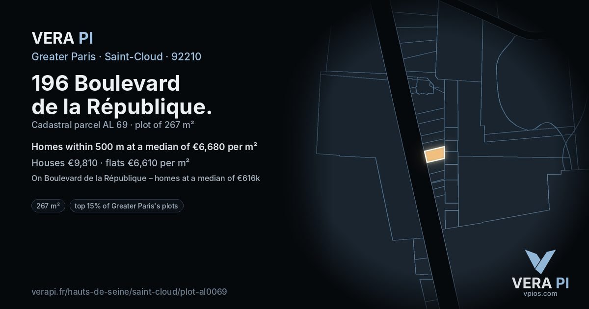 196 Boulevard de la République, Saint-Cloud at night – the plot lit, the parcels around coloured by the prices near them