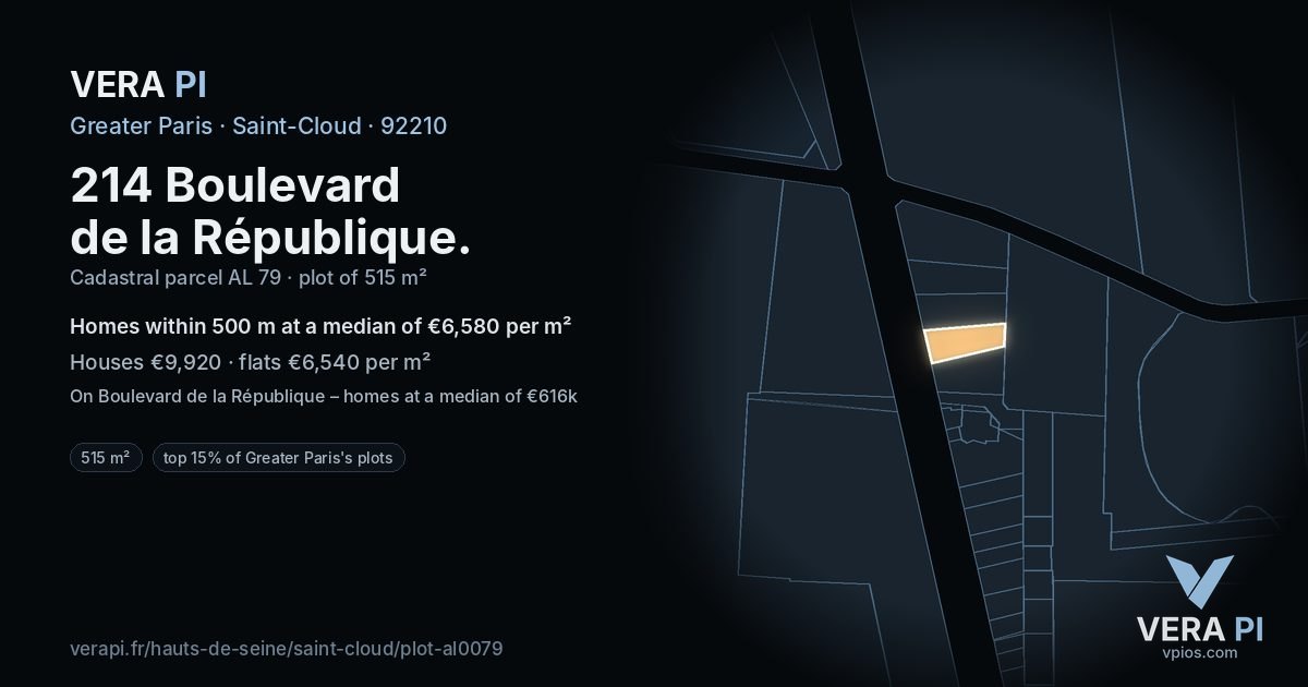 214 Boulevard de la République, Saint-Cloud at night – the plot lit, the parcels around coloured by the prices near them