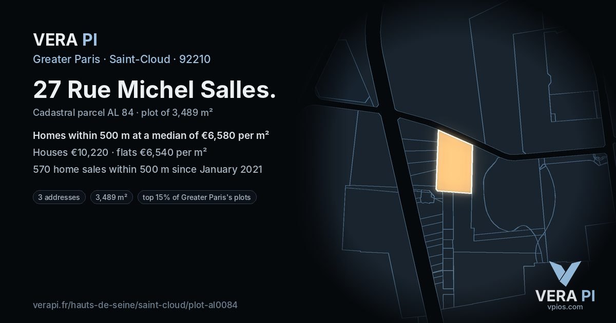 27 Rue Michel Salles, Saint-Cloud at night – the plot lit, the parcels around coloured by the prices near them
