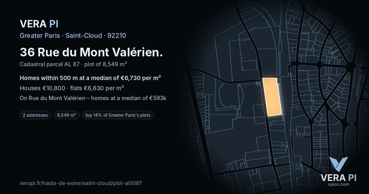 36 Rue du Mont Valérien, Saint-Cloud at night – the plot lit, the parcels around coloured by the prices near them