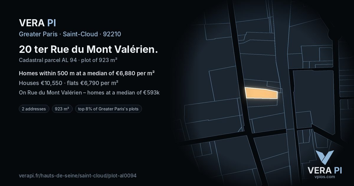 20 ter Rue du Mont Valérien, Saint-Cloud at night – the plot lit, the parcels around coloured by the prices near them