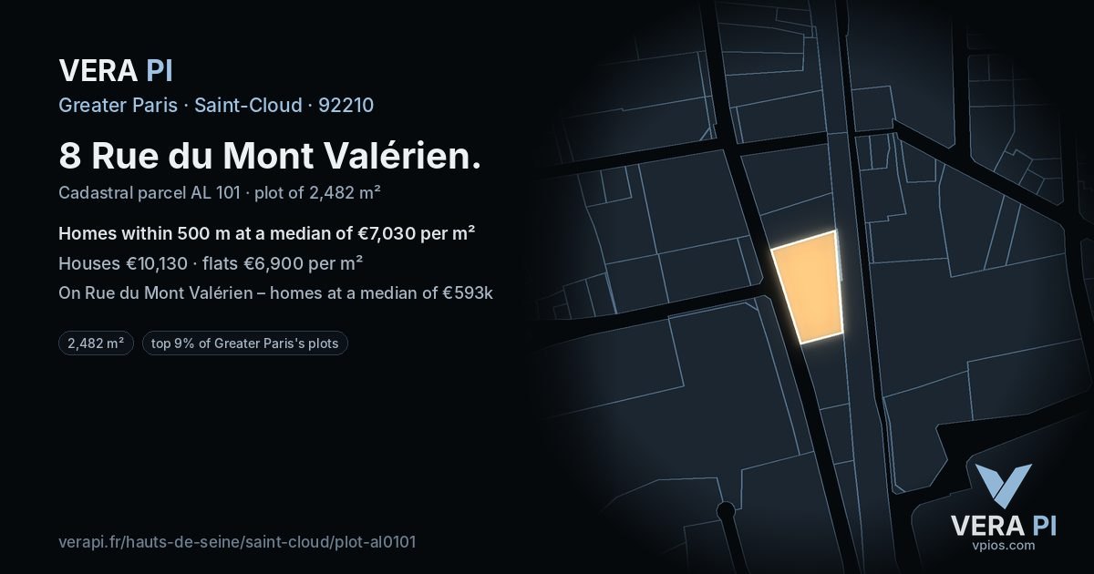 8 Rue du Mont Valérien, Saint-Cloud at night – the plot lit, the parcels around coloured by the prices near them