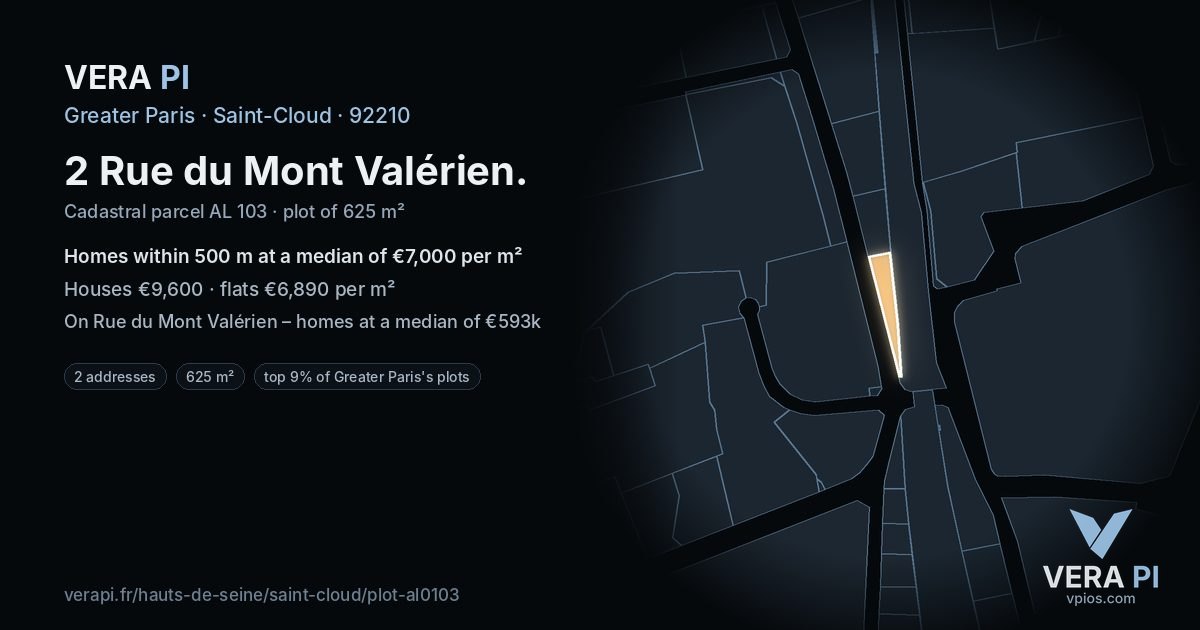 2 Rue du Mont Valérien, Saint-Cloud at night – the plot lit, the parcels around coloured by the prices near them