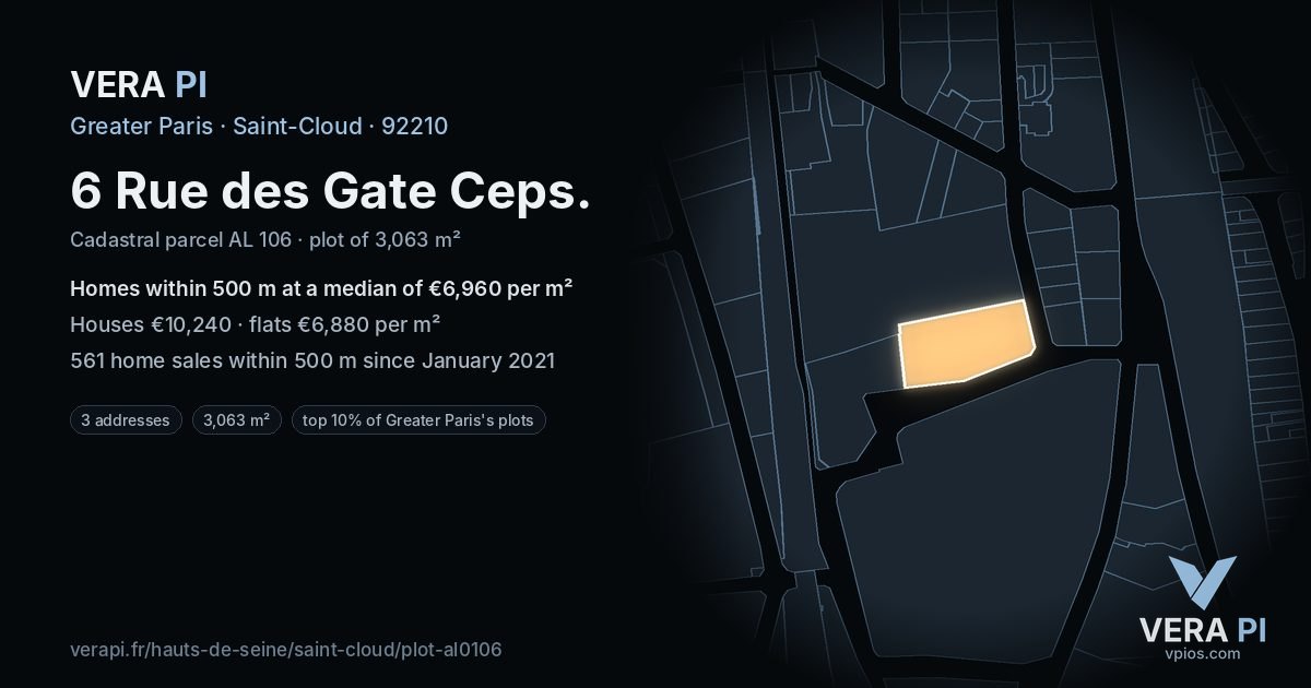 6 Rue des Gate Ceps, Saint-Cloud at night – the plot lit, the parcels around coloured by the prices near them