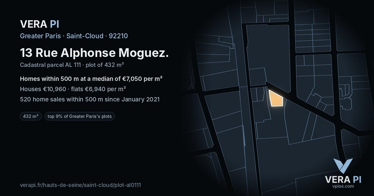 13 Rue Alphonse Moguez, Saint-Cloud at night – the plot lit, the parcels around coloured by the prices near them