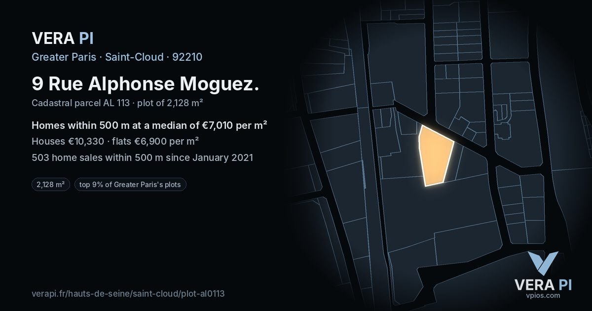 9 Rue Alphonse Moguez, Saint-Cloud at night – the plot lit, the parcels around coloured by the prices near them