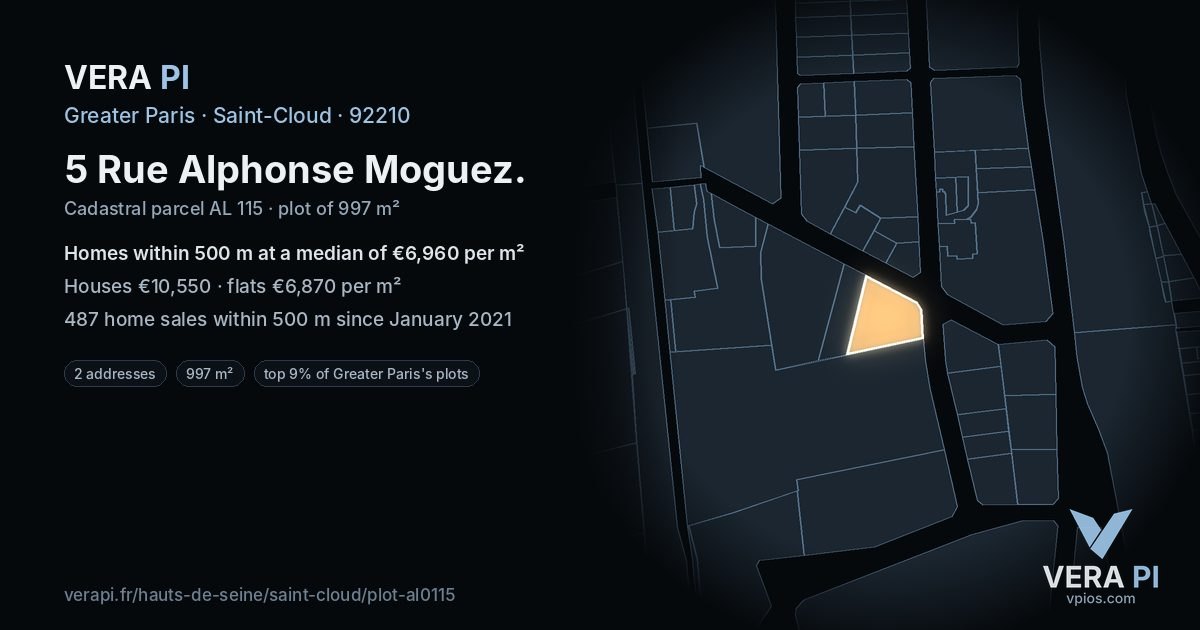 5 Rue Alphonse Moguez, Saint-Cloud at night – the plot lit, the parcels around coloured by the prices near them
