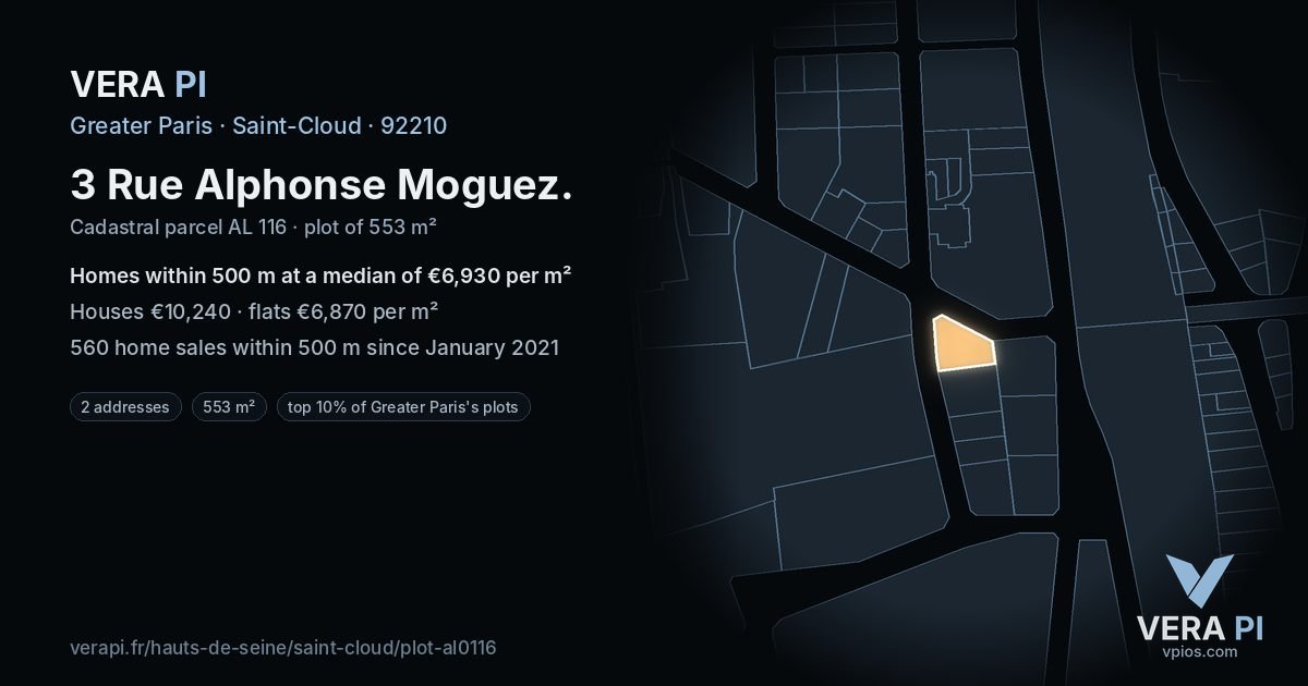 3 Rue Alphonse Moguez, Saint-Cloud at night – the plot lit, the parcels around coloured by the prices near them
