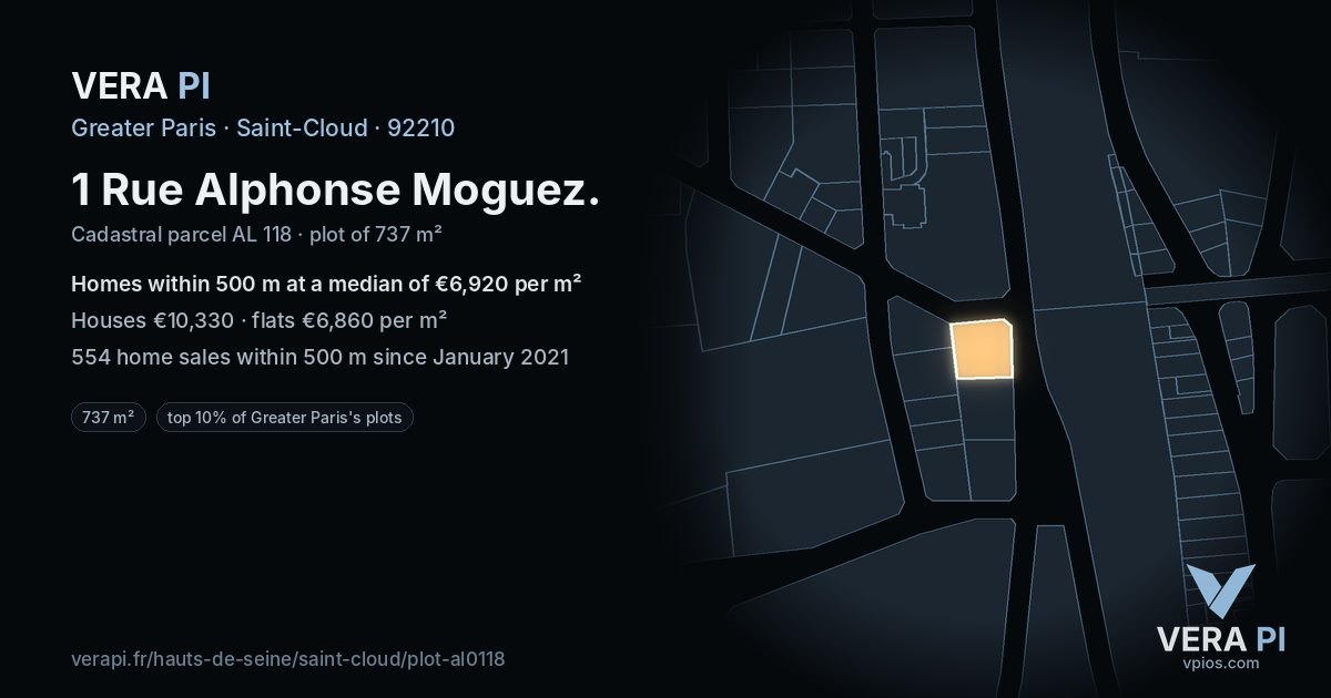 1 Rue Alphonse Moguez, Saint-Cloud at night – the plot lit, the parcels around coloured by the prices near them