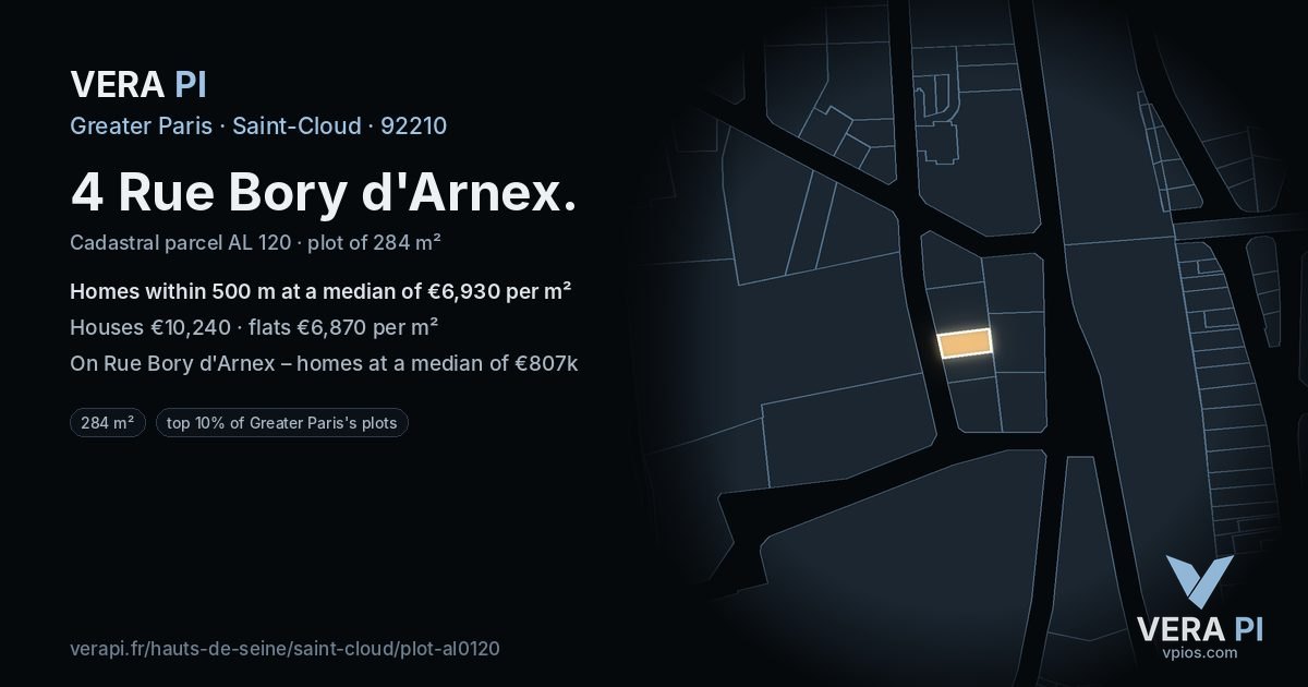 4 Rue Bory d'Arnex, Saint-Cloud at night – the plot lit, the parcels around coloured by the prices near them