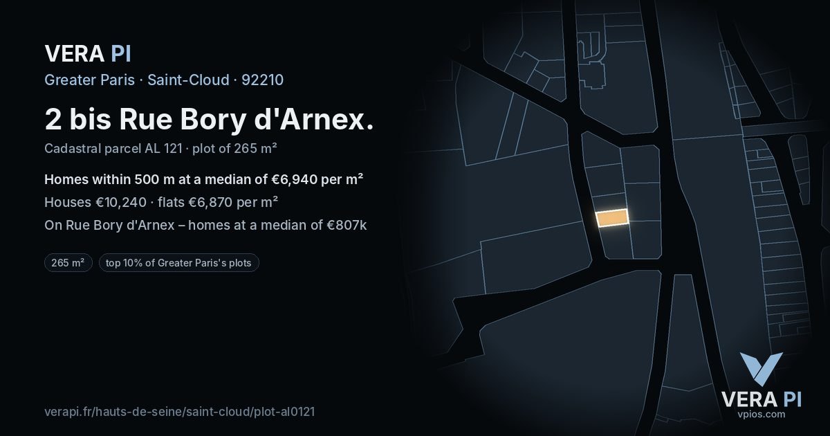 2 bis Rue Bory d'Arnex, Saint-Cloud at night – the plot lit, the parcels around coloured by the prices near them