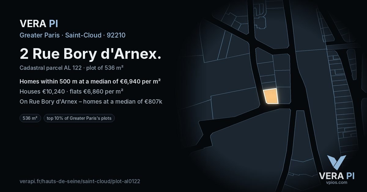 2 Rue Bory d'Arnex, Saint-Cloud at night – the plot lit, the parcels around coloured by the prices near them